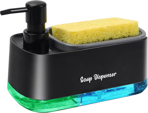 Kitchen Dish Soap Dispenser Set, 3-in-1 Countertop Sponge Dual Soap Pump Dispenser with Holder for Kitchen Sink - Black