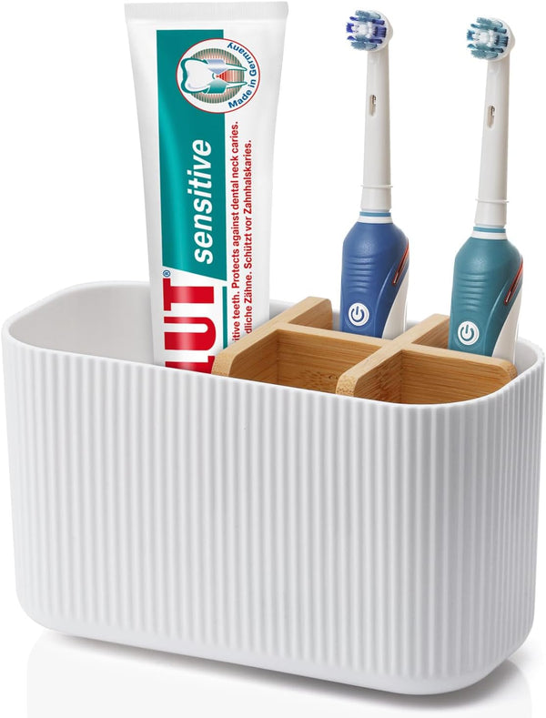 White Toothbrush Holder, Bamboo Organizer for Bathrooms, Electric Toothbrush Holders for Countertop
