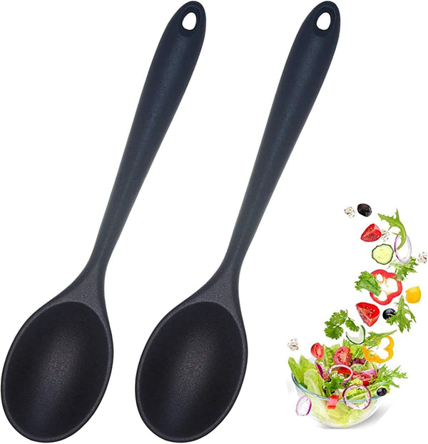 2 Pcs Silicone Nonstick Mixing Spoon - Heat Resistant Cooking Utensils for Kitchen Cooking, Baking, Stirring (Black)