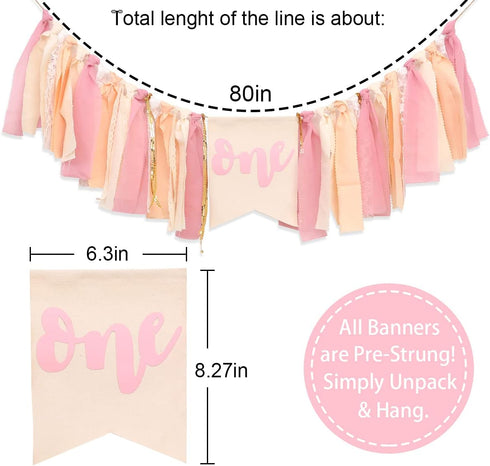 1st Girl Pink Theme Birthday High Chair Banner - Boho First Birthday Cake Smash Photo Decor (PINK ONE HF)