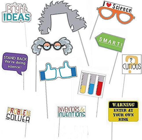 12Pcs Science Photo Booth Props with Stick, Mad Scientist Selfie Props for Chemistry Laboratory Party Supplies