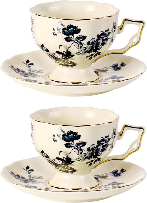 KAMMAK Tea Cups and Saucers Set of 2, Porcelain Coffee Cups, 6.8-Ounce Stackable