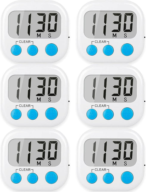 6 Pack Digital Kitchen Timers for Cooking, Magnetic Timer with Loud Alarm, White