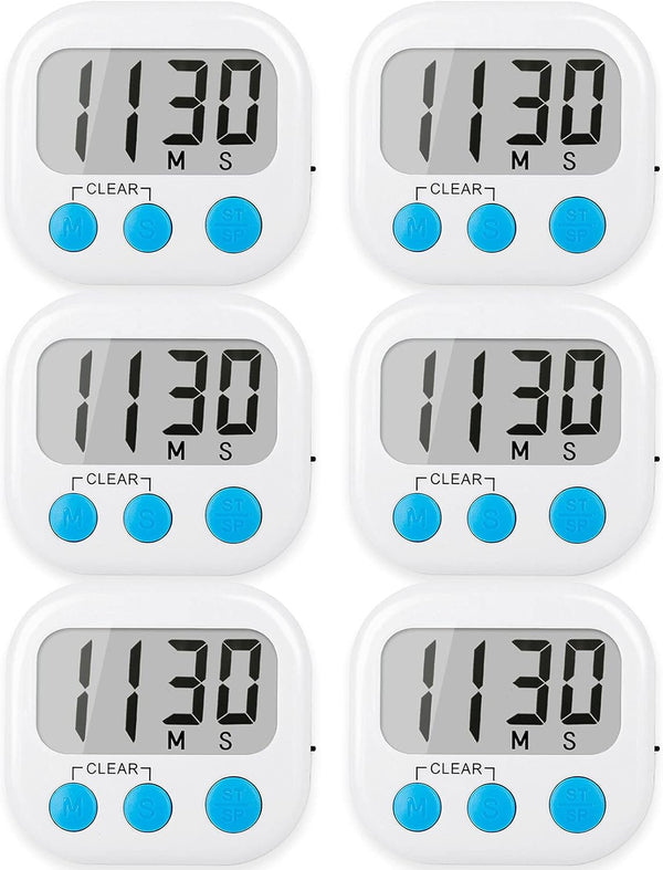 6 Pack Digital Kitchen Timers for Cooking, Magnetic Timer with Loud Alarm, White