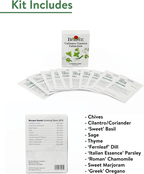 10 Packets Pack, Burpee Culinary Classics Garden Collection of Non-GMO Chives, Cilantro, Basil, Sage, Thyme, Dill