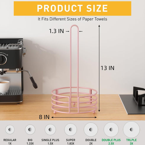 Countertop, 8" 13" Buruis Paper Towel Holder for Kitchen Pastel Pink - One Hand Tear with Wide Base, Height, Raised