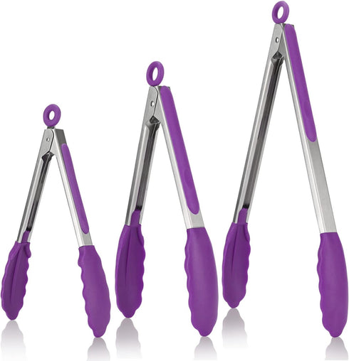 U-Taste Kitchen Tongs, 7/9/12 inches Cooking Tongs with High Heat-Resistant Non-Stick Tips, Pack of 3 (Purple)
