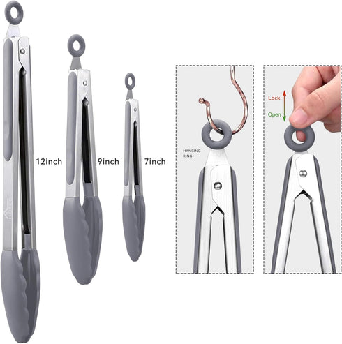 HOTEC Premium Stainless Steel Locking Kitchen Tongs - Set of 3-7", 9" and 12"
