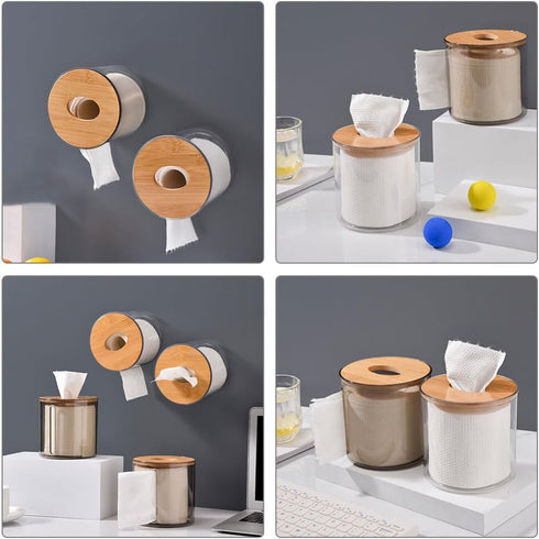 Amosfun Round Wooden Tissue Box Cover, Facial Tissue Holder with Wood Lid for Countertops