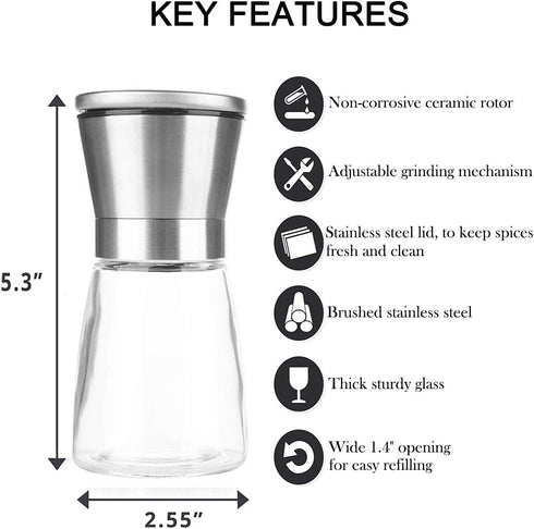 Salt and Pepper Grinder Set of 2, Premium Stainless Steel Spice Mill with Adjustable Coarseness and Refillable Glass