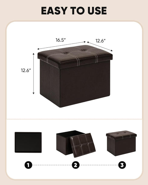 16.5"x12.6"x12.6" B FSOBEIIALEO Folding Storage Ottoman Cube, Faux Leather Footrest Seat Coffee Table, Brown