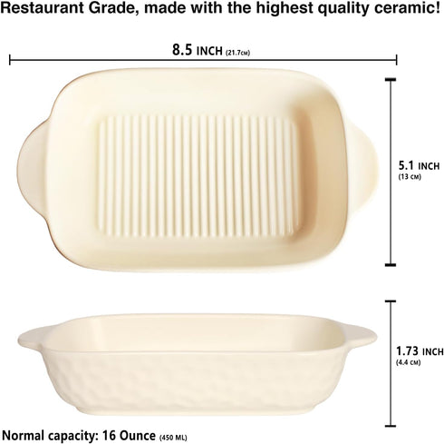 Rectangular Porcelain Baking Dish Set,Au Gratin Dishes,Casserole Dish, Ramekins 16 oz Bakeware Set of 2,Lasagna Pans for Cooking,Cake Dinner,Kitchen, Carry Handles 8.5" x 5.1" Beige by Creativity Home