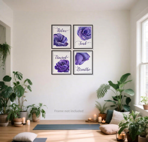heshengzaixian Purple Flower Bathroom Wall Art Print, Mauve Rose Floral Relax Soak Unwind Quotes, Set of 4, 8X10in