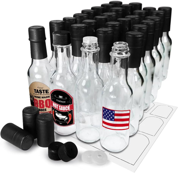 Cross 5oz Hot Sauce Bottles, Empty Clear Glass Woozy Bottles with Shrink Capsules,