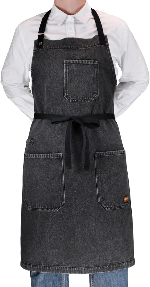 '-2) Denim Apron with Pockets, Professional for Mens Womens Chef Kitchen Cooking Grill BBQ Painting Baking, Black Bib
