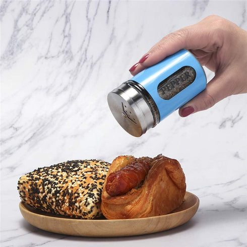 Salt and Pepper Shakers Stainless Steel and Glass Set with Adjustable Pour Holes, Blue