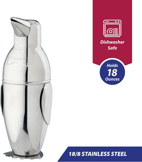 HIC Kitchen Bar Penguin Cocktail Shaker, 18/8 Stainless Steel, 18-Ounce, 3-Piece Set
