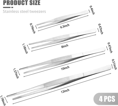 4 PCS Kitchen Food Tweezers, LEEFONE Stainless Steel Tweezers Tongs with Precision Serrated Tips, Straight Tweezers for BBQ Grilling Cooking Roasting and Serving (6.3" 8" 10" 12" Long) by LEEFONE