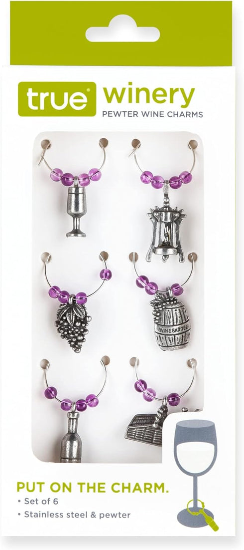 True Winery Pewter Wine Charms - Set of 6 for Stem Glasses, Wine Tasting Party