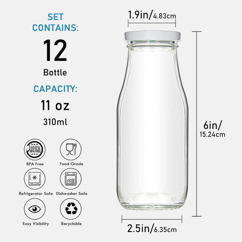 11oz Set 12 YEBODA Glass Milk Bottles with Reusable Metal Twist Lids and Straws for Beverage Glassware and Drinkware