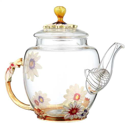 Teabloom Glass Blooming Tea Teapot for Women, Blue Rose Floral Teapot with Gold, 10.15oz/300ml Deep Coffee Color