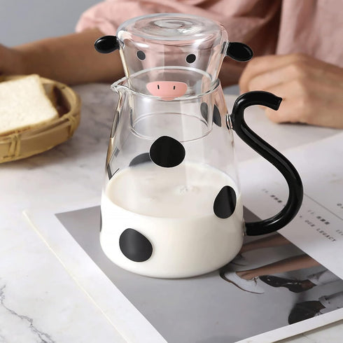 1 Set Glass Carafe Pitcher with Glass Mug, Cute Cow Glass Tea Pitcher Kettle, 550ml Night Water Carafe