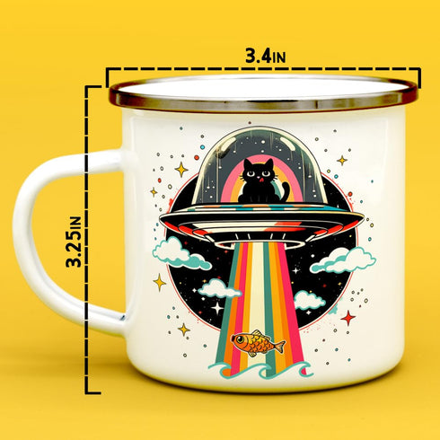 Retro UFO Cat Fish Abduction Enamel Campfire Mug, Fun Outdoor Camping Coffee Cup (12oz)