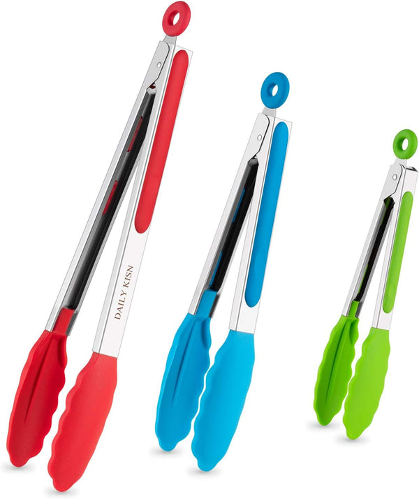 Kitchen Tongs Set of 3 with Silicone Tips, Non-Stick Heat Resistant Tongs for Grilling, Cooking, BBQ, and Salad Serving