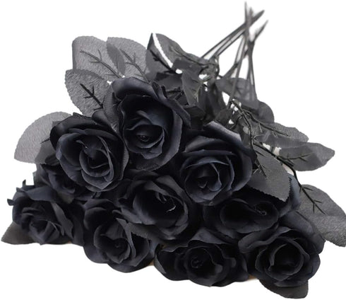 TUZAZO 10pcs Black Roses Artificial Flowers with Stems, Faux Silk Flowers for Bridal Gothic Wedding Bouquet and Home