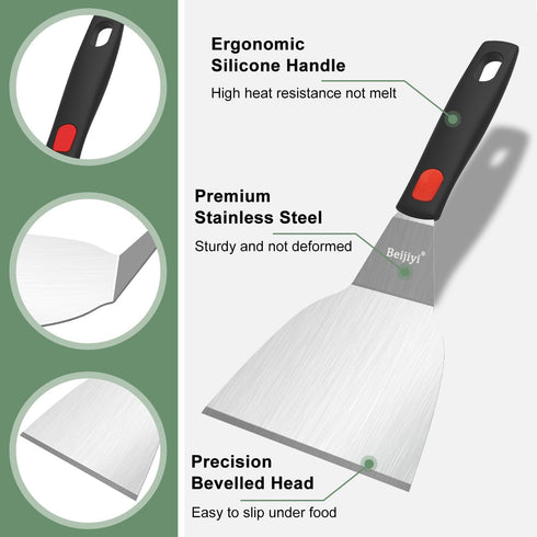 Beijiyi Heavy Duty Stainless Steel Spatula Set, Small Metal Spatula with Silicone Handle for Cooking