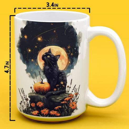 Mystical Black Cat Full Moon Coffee Mug, Witchy Halloween Cup, Spooky Autumn Season Aesthetic (15oz)