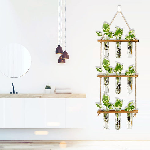 (9 XXXFLOWER Wall Hanging Propagation Station with Wooden Stand Glass Test Tubes Tiered Planters Wall Terrarium