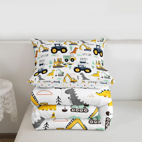 Set Set Kids Excavator Comforter Full, Cartoon Equipment Trucks Bedding for Boys Girls Children, Dinosaur Duvet Insert