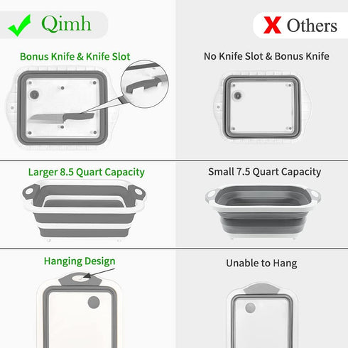 QiMH Collapsible Cutting Board, Foldable Multi-function Dish Tub for Washing Veggies, 8.5 Quart, Knife Included