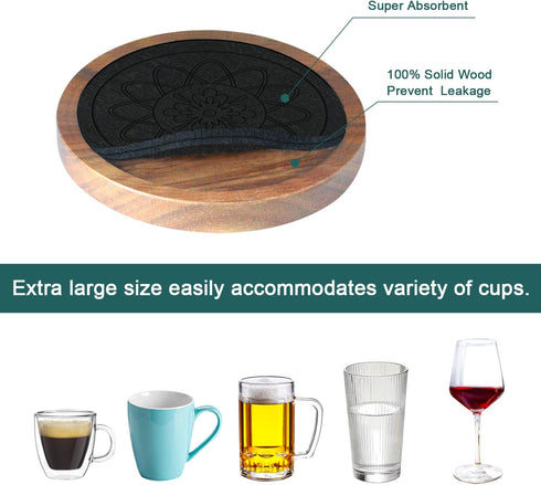 Minacun Set 8, 4.3 Inch Wood Coasters for Drinks of Absorbent Coaster, Drinks Coasters for Coffee Tabletop Protection