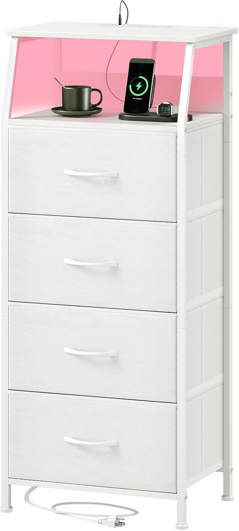 Somdot White Nightstand with Charging Station and LED Light for Bedroom, Tall