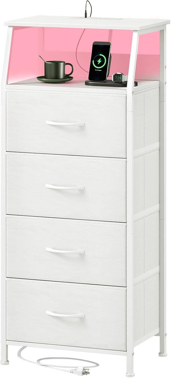 Somdot White Nightstand with Charging Station and LED Light for Bedroom, Tall