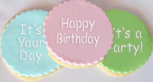 Designer Stencils It's a Party Cookie Stencil Set, Beige/Semi-Transparent (HAPPY BIRTHDAY - CONGRATS - IT'S A PARTY -