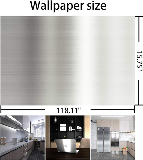 Silver Contact Paper, Thicken Stainless Steel Metallic Waterproof Peel and Stick Wallpaper for Kitchen Cabinets and