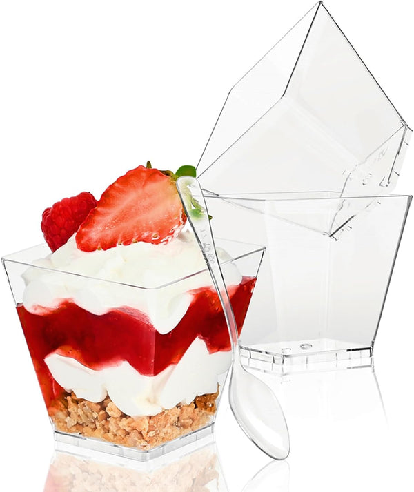 TOFLEN 50 Pack 3.5 oz Plastic Dessert Cups with Spoons, Irregular Square