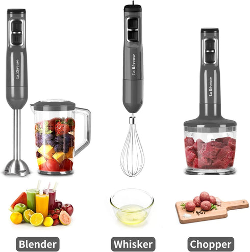 La Reveuse Handheld Immersion Blender, 3 in 1, 300 Watts with Whisk, Mixing Beaker, Food Chopper Attachments