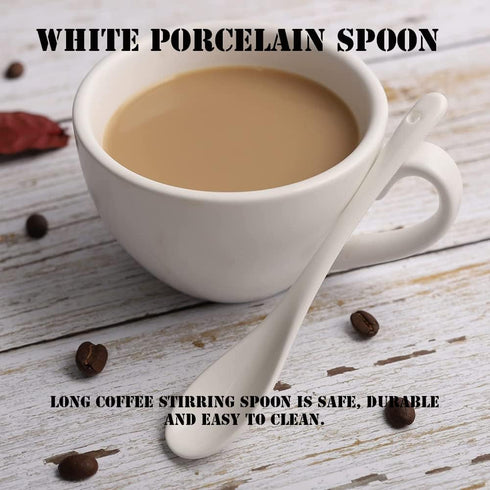 AKOAK 6.7" Ceramic Egg Spoon Set of 5 - White Long-Handled Teaspoon for Coffee, Tea, Yogurt, Ice Cream