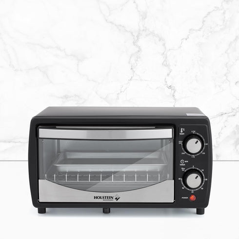 Holstein Housewares 4 Slice Countertop Toaster Oven with 60 Minute Timer, Compact Design in Sleek Black.