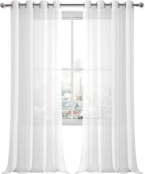 DWCN White Sheer Curtains - Set of 2 Panels, Faux Linen Look Grommet Window Drapes for Bedroom Living Room