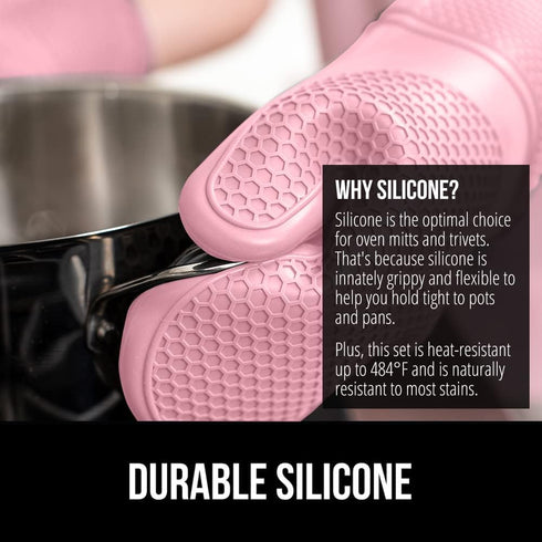 Gorilla Grip Heat and Slip Resistant 4 Piece Silicone Oven Mitt and Trivets Set, Waterproof, Cotton Lined, Pink