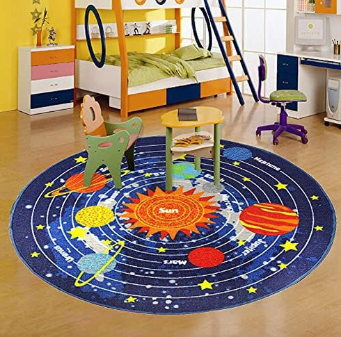 Blue Solar System Kids Area Rug - Educational Learning Carpet for Playroom & Nursery (39" Round)