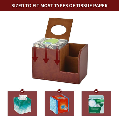 PU Leather Square Tissue Box Cover, Multifunctional Holder for Tissue and Remote Control, Decorative Desk Organizer,