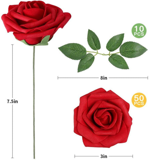 AmyHomie 50pcs Dark Red Artificial Flowers, Real Looking Fake Roses with Stem for DIY Wedding Bouquets, Centerpieces,