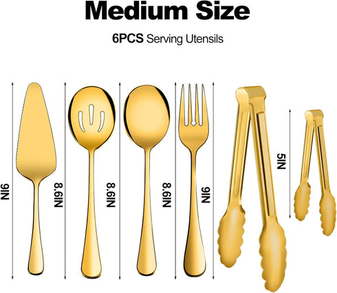 Serving Utensils, XEVOM 6-Piece Stainless Steel Serving Utensil Set Include Serving Spoon, Slotted Serving Spoon, Serving Fork,Serving Tong, Appetizers Tong,Pie Server(Gold) by XEVOM