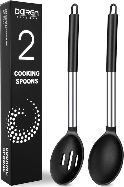 Pack of 2 Large Black Silicone Cooking Spoons, Non-Stick Stainless Steel Slotted and Solid Spoon Set
